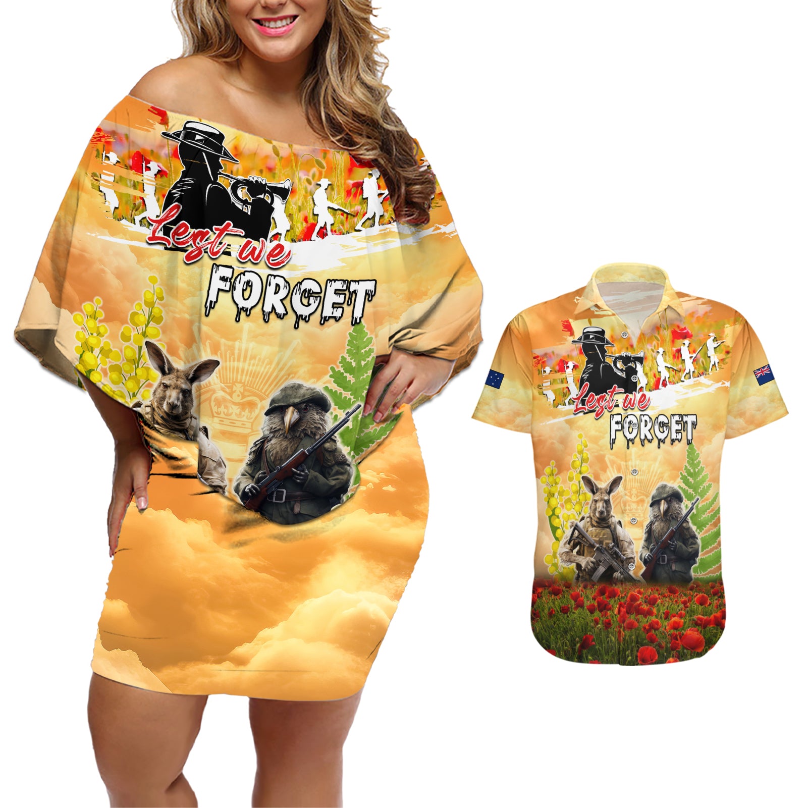 Australia And New Zealand ANZAC Day Couples Matching Off Shoulder Short Dress and Hawaiian Shirt Kangaroo And Kiwi Bird Soldiers Lest We Forget LT05 Yellow - Polynesian Pride