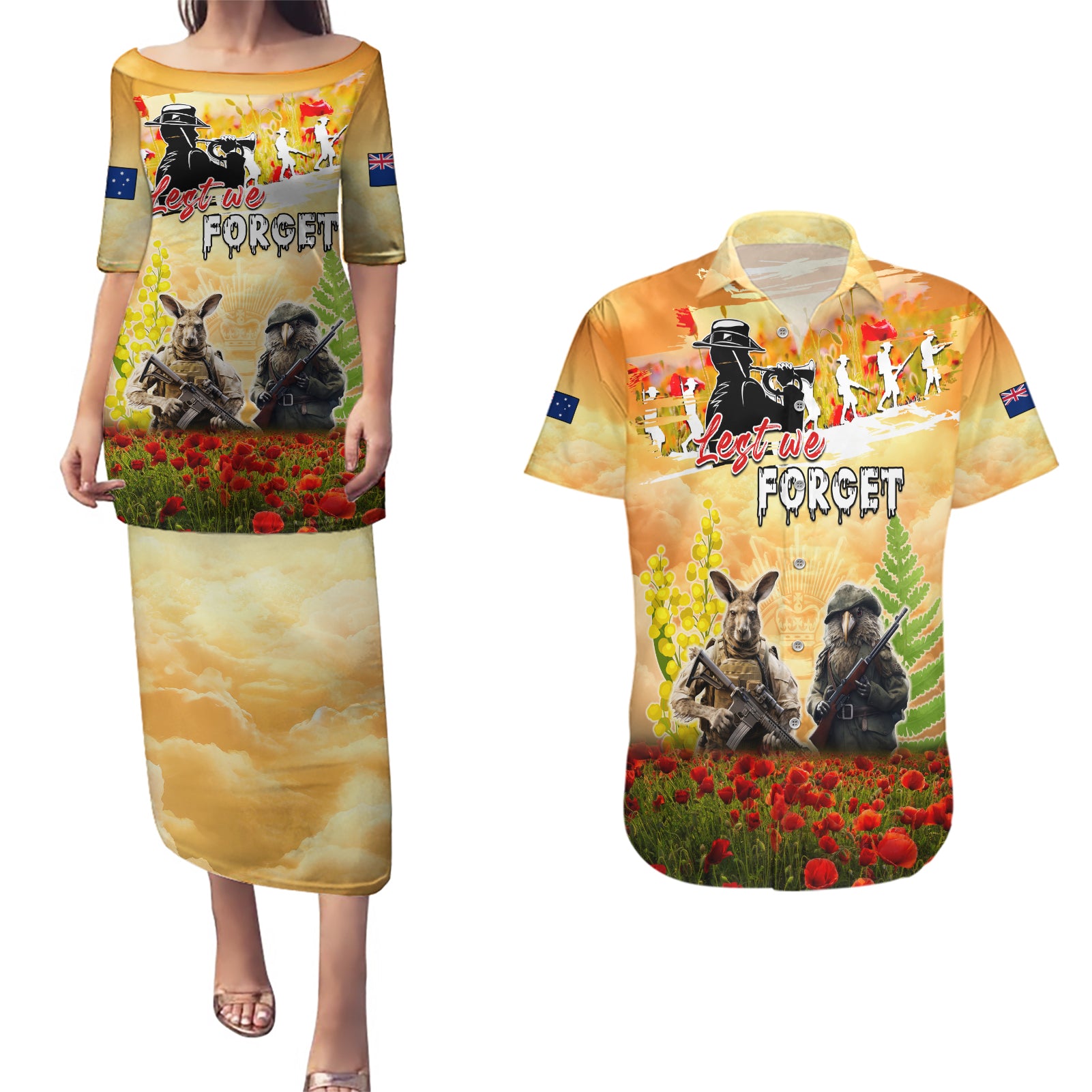 Australia And New Zealand ANZAC Day Couples Matching Puletasi and Hawaiian Shirt Kangaroo And Kiwi Bird Soldiers Lest We Forget LT05 Yellow - Polynesian Pride