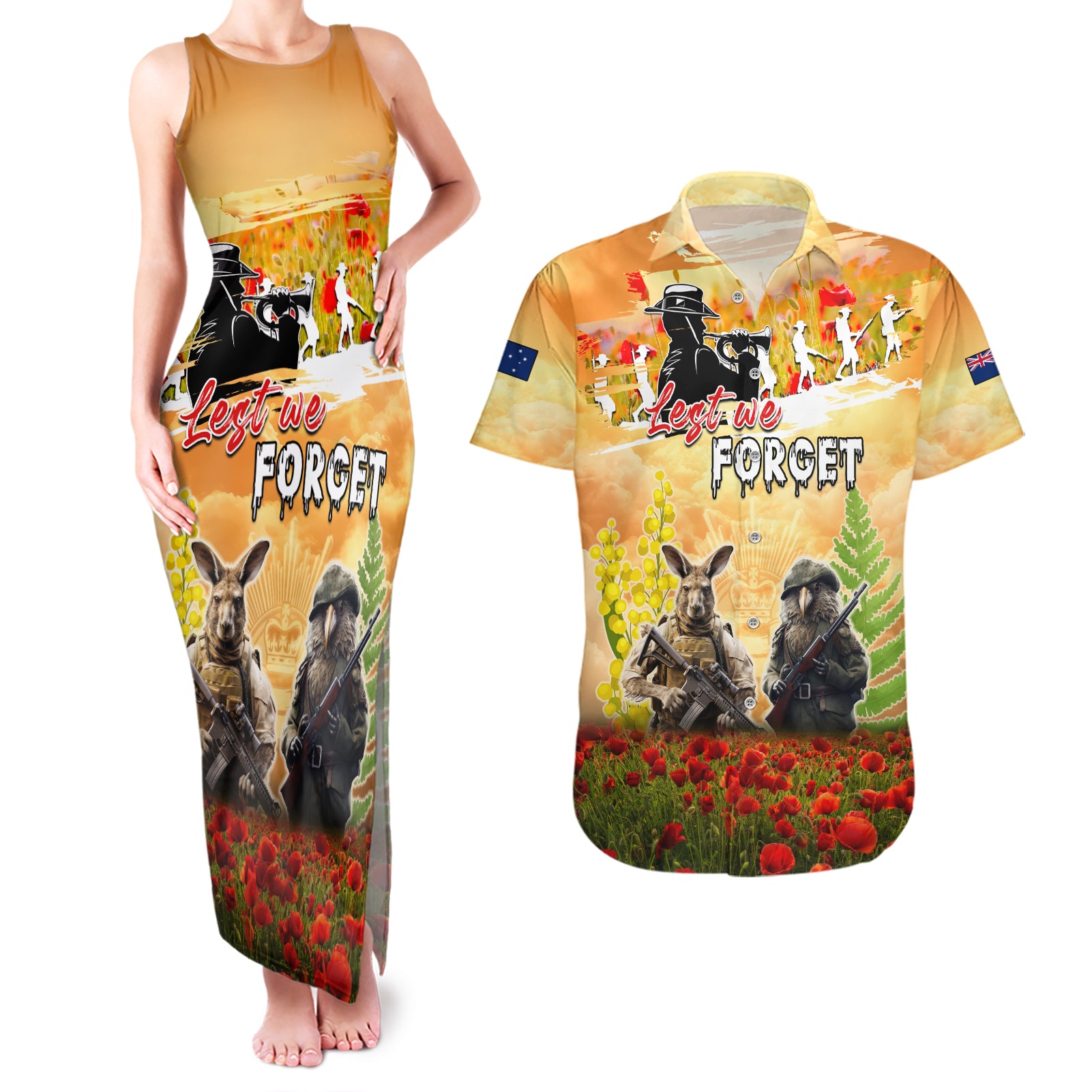 Australia And New Zealand ANZAC Day Couples Matching Tank Maxi Dress and Hawaiian Shirt Kangaroo And Kiwi Bird Soldiers Lest We Forget LT05 Yellow - Polynesian Pride