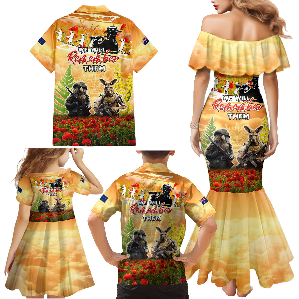 Australia And New Zealand ANZAC Day Family Matching Mermaid Dress and Hawaiian Shirt Kangaroo And Kiwi Bird Soldiers Lest We Forget LT05 - Polynesian Pride