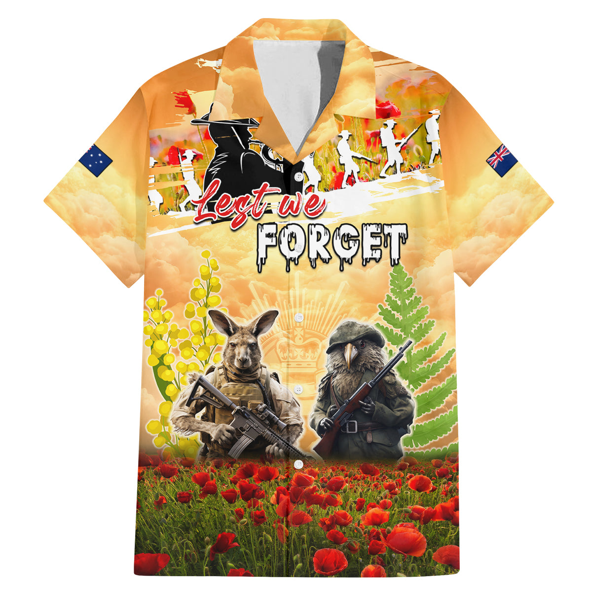 Australia And New Zealand ANZAC Day Family Matching Mermaid Dress and Hawaiian Shirt Kangaroo And Kiwi Bird Soldiers Lest We Forget LT05 Dad's Shirt - Short Sleeve Yellow - Polynesian Pride