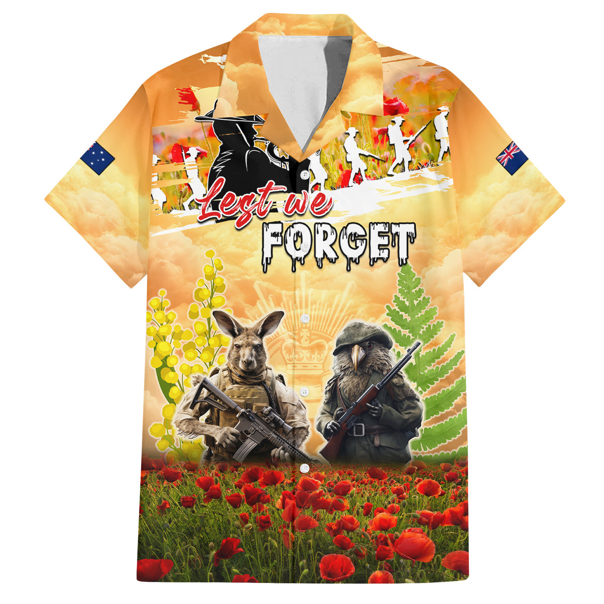 Australia And New Zealand ANZAC Day Family Matching Off Shoulder Short Dress and Hawaiian Shirt Kangaroo And Kiwi Bird Soldiers Lest We Forget LT05 Dad's Shirt - Short Sleeve Yellow - Polynesian Pride