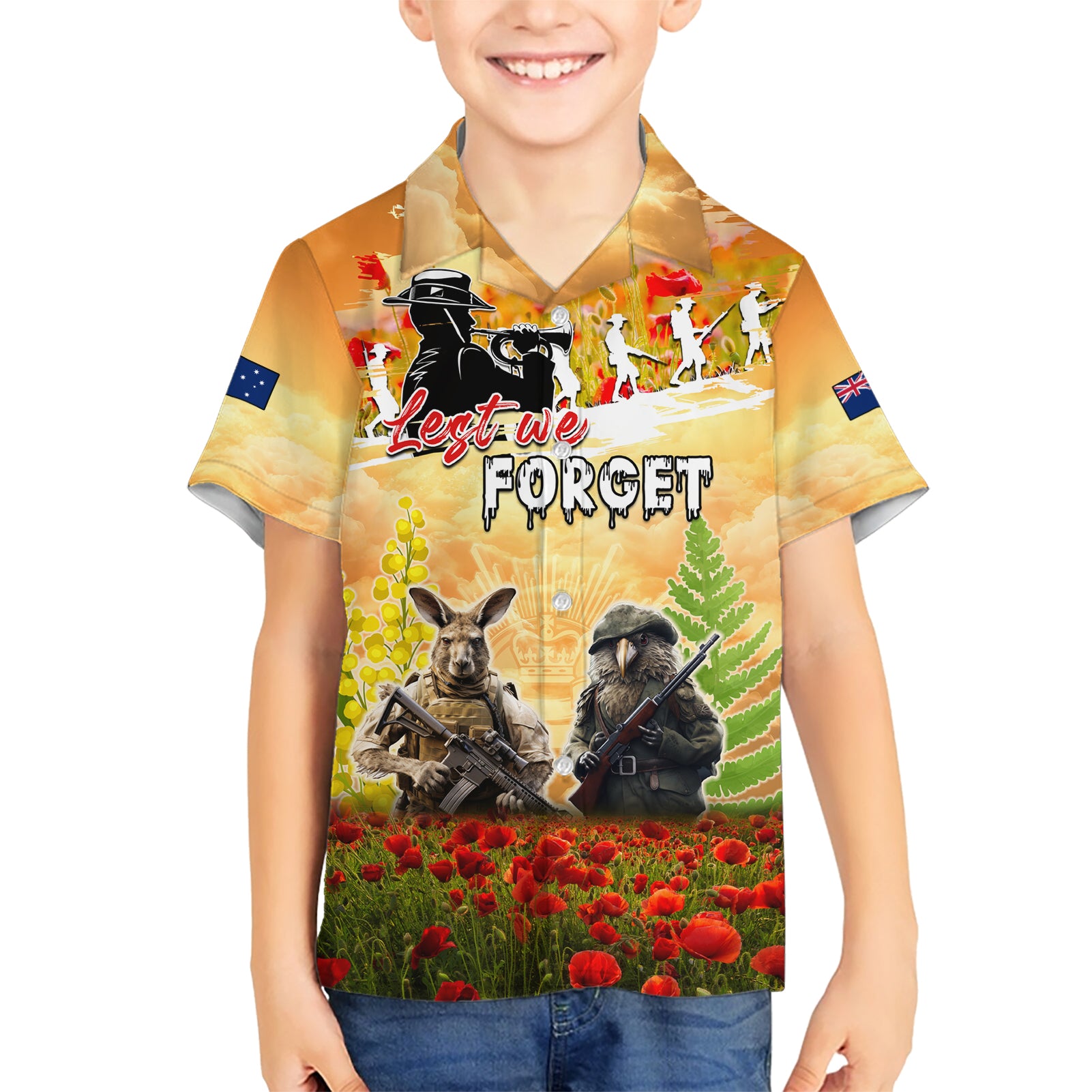 Australia And New Zealand ANZAC Day Kid Hawaiian Shirt Kangaroo And Kiwi Bird Soldiers Lest We Forget LT05 Kid Yellow - Polynesian Pride