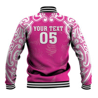 New Zealand Fern Women Rugby Custom Baseball Jacket Pink Maori Pattern