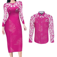 New Zealand Fern Women Rugby Custom Couples Matching Long Sleeve Bodycon Dress and Long Sleeve Button Shirt Pink Maori Pattern
