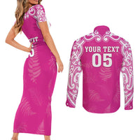 New Zealand Fern Women Rugby Custom Couples Matching Short Sleeve Bodycon Dress and Long Sleeve Button Shirt Pink Maori Pattern