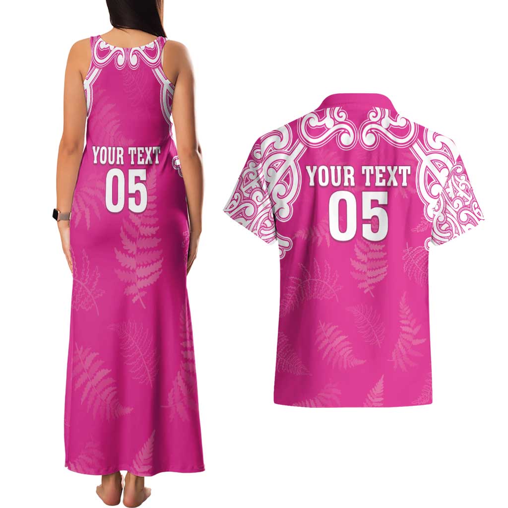 New Zealand Fern Women Rugby Custom Couples Matching Tank Maxi Dress and Hawaiian Shirt Pink Maori Pattern