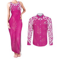 New Zealand Fern Women Rugby Custom Couples Matching Tank Maxi Dress and Long Sleeve Button Shirt Pink Maori Pattern