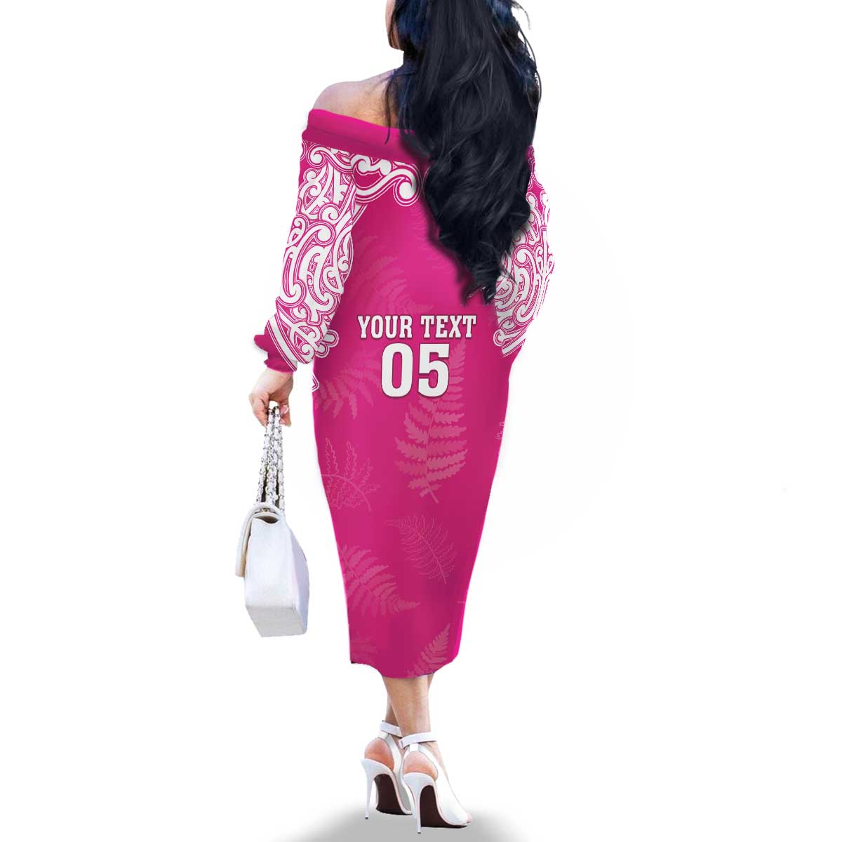 New Zealand Fern Women Rugby Custom Family Matching Off The Shoulder Long Sleeve Dress and Hawaiian Shirt Pink Maori Pattern