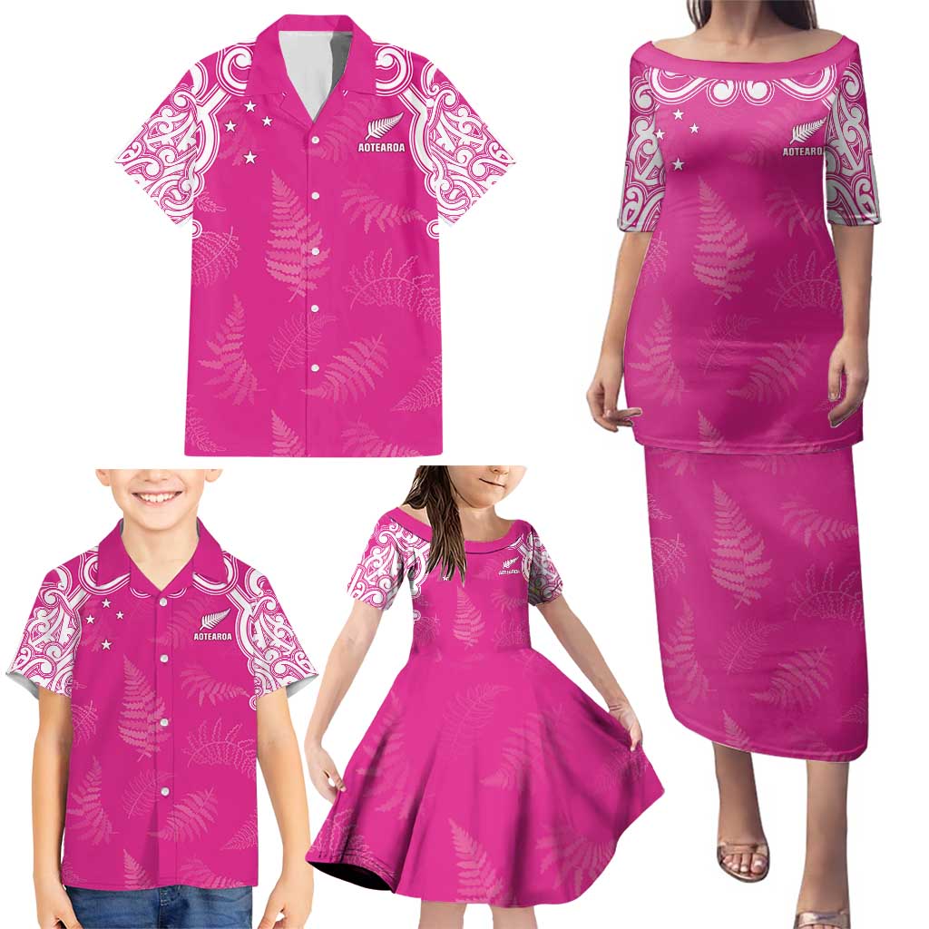 New Zealand Fern Women Rugby Custom Family Matching Puletasi and Hawaiian Shirt Pink Maori Pattern