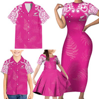 New Zealand Fern Women Rugby Custom Family Matching Short Sleeve Bodycon Dress and Hawaiian Shirt Pink Maori Pattern