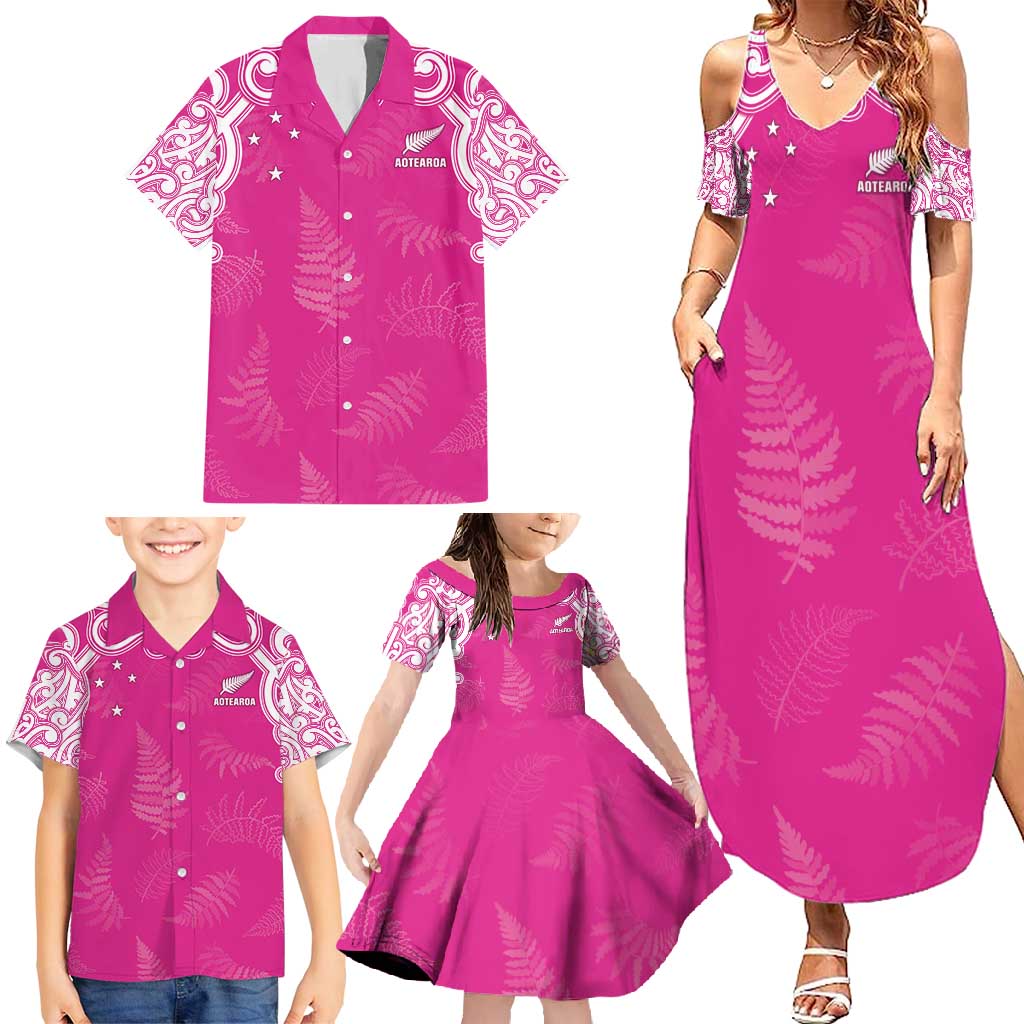 New Zealand Fern Women Rugby Custom Family Matching Summer Maxi Dress and Hawaiian Shirt Pink Maori Pattern