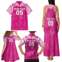 New Zealand Fern Women Rugby Custom Family Matching Tank Maxi Dress and Hawaiian Shirt Pink Maori Pattern