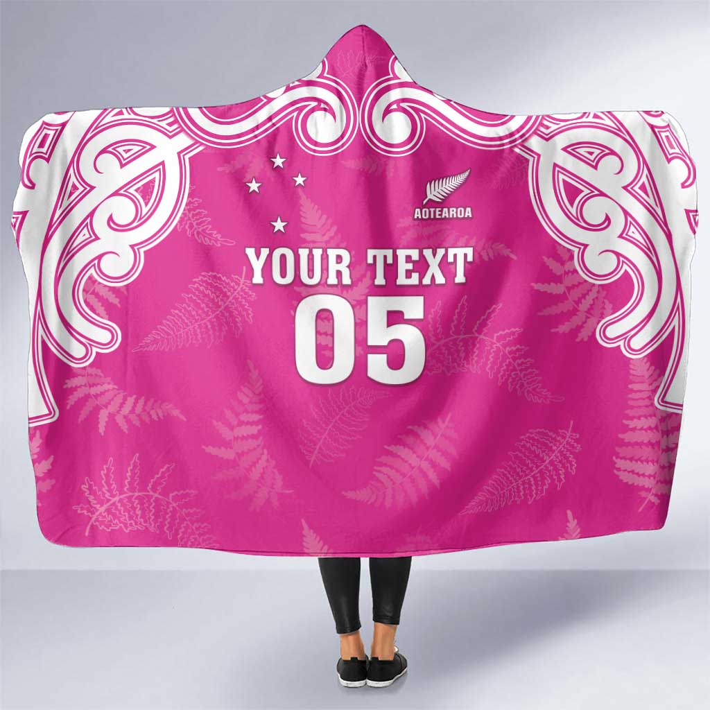 New Zealand Fern Women Rugby Custom Hooded Blanket Pink Maori Pattern