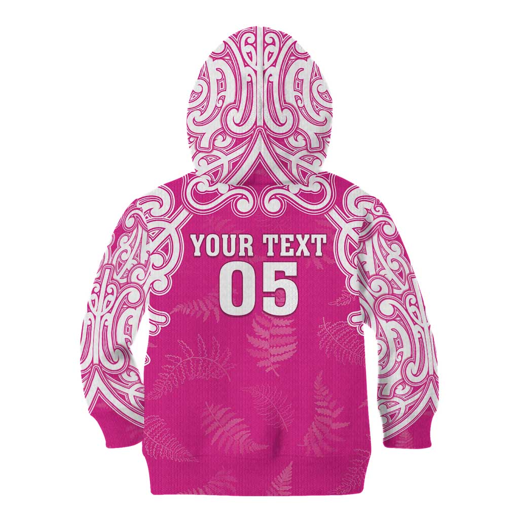 New Zealand Fern Women Rugby Custom Kid Hoodie Pink Maori Pattern