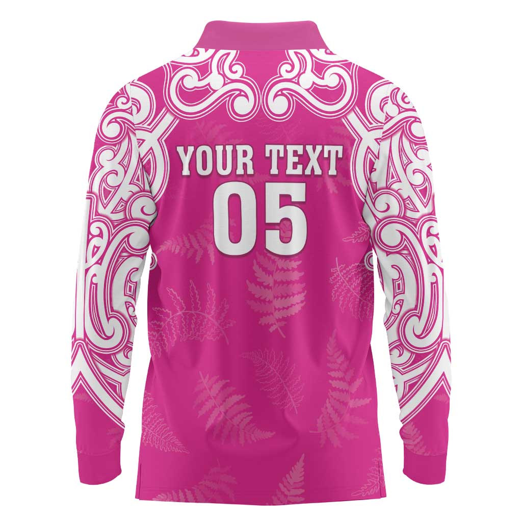 New Zealand Fern Women Rugby Custom Long Sleeve Polo Shirt Pink Maori Pattern