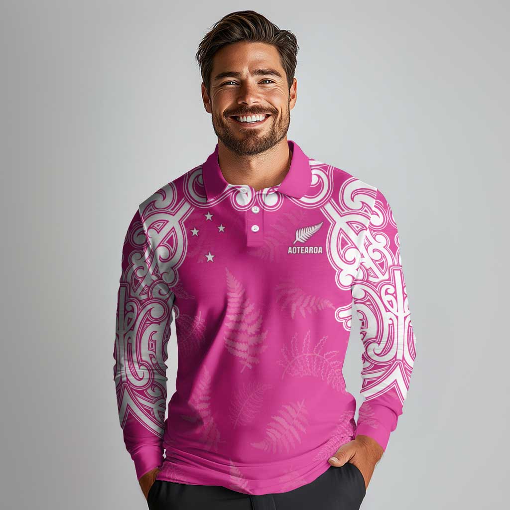 New Zealand Fern Women Rugby Custom Long Sleeve Polo Shirt Pink Maori Pattern