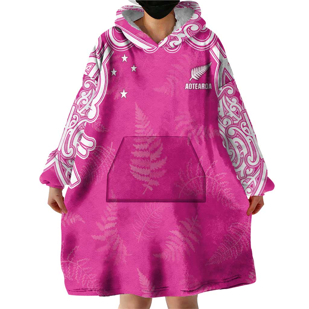 New Zealand Fern Women Rugby Custom Wearable Blanket Hoodie Pink Maori Pattern