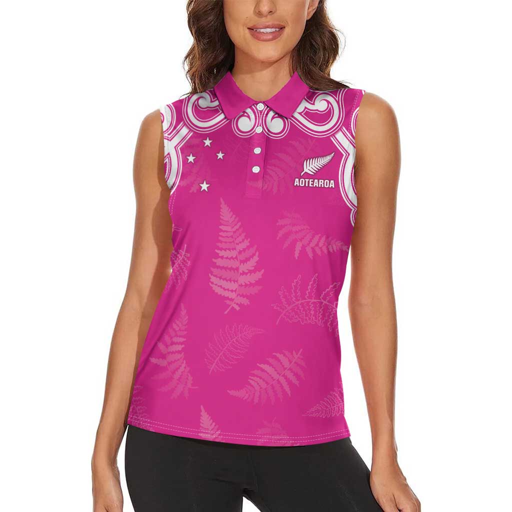 New Zealand Fern Women Rugby Custom Women Sleeveless Polo Shirt Pink Maori Pattern