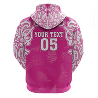 New Zealand Fern Women Rugby Custom Zip Hoodie Pink Maori Pattern