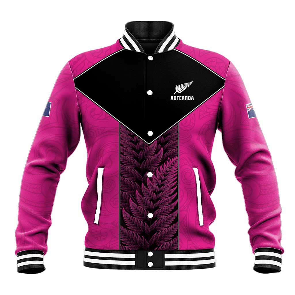 New Zealand Fern Rugby Custom Baseball Jacket Pink Maori Pattern