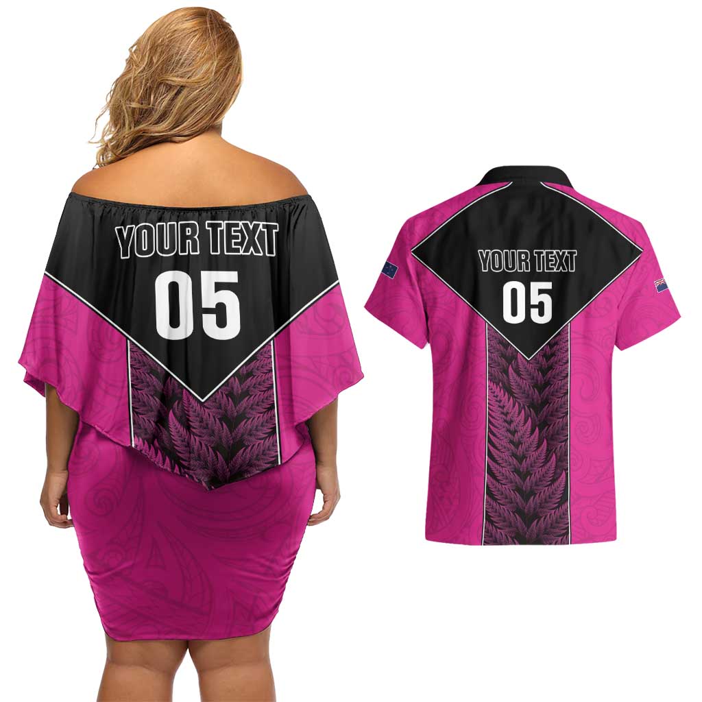 New Zealand Fern Rugby Custom Couples Matching Off Shoulder Short Dress and Hawaiian Shirt Pink Maori Pattern