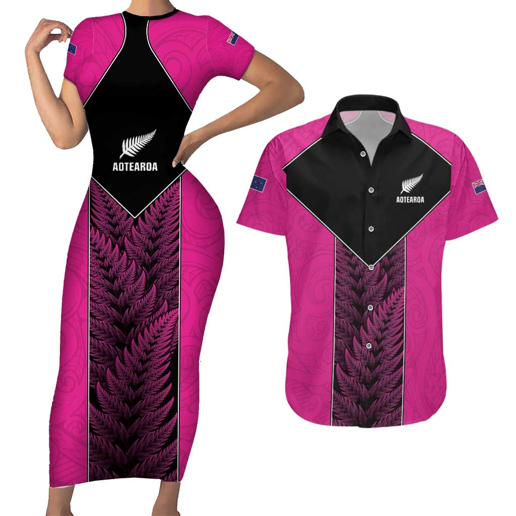New Zealand Fern Rugby Custom Couples Matching Short Sleeve Bodycon Dress and Hawaiian Shirt Pink Maori Pattern