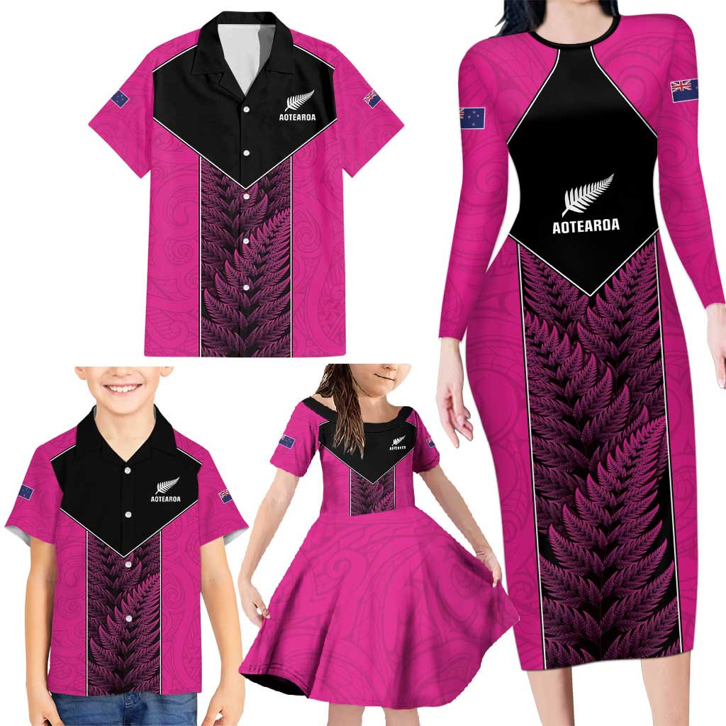 New Zealand Fern Rugby Custom Family Matching Long Sleeve Bodycon Dress and Hawaiian Shirt Pink Maori Pattern