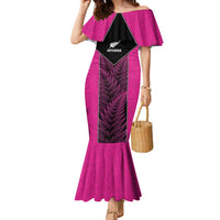 New Zealand Fern Rugby Custom Family Matching Mermaid Dress and Hawaiian Shirt Pink Maori Pattern