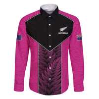 New Zealand Fern Rugby Custom Family Matching Off The Shoulder Long Sleeve Dress and Hawaiian Shirt Pink Maori Pattern
