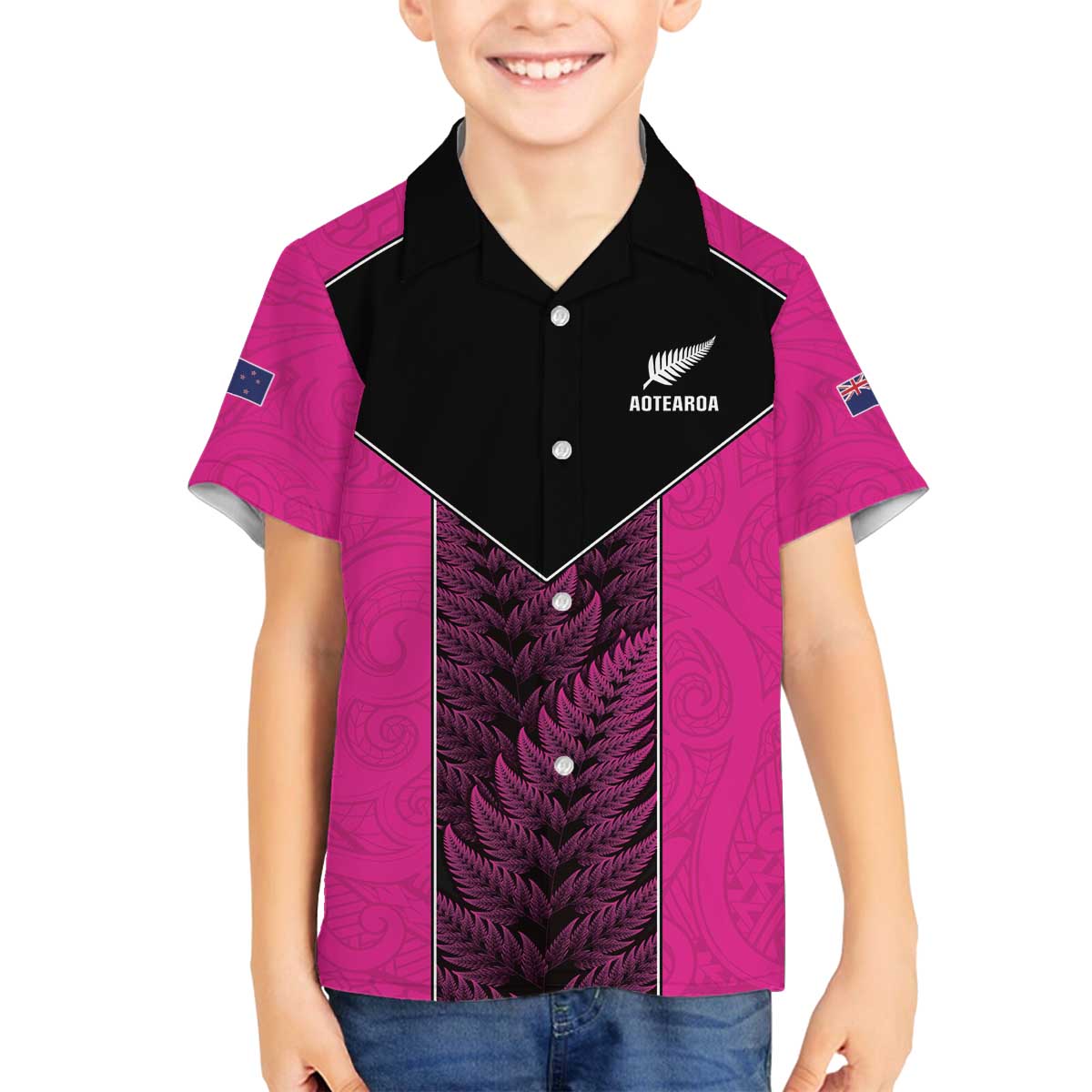 New Zealand Fern Rugby Custom Family Matching Off The Shoulder Long Sleeve Dress and Hawaiian Shirt Pink Maori Pattern
