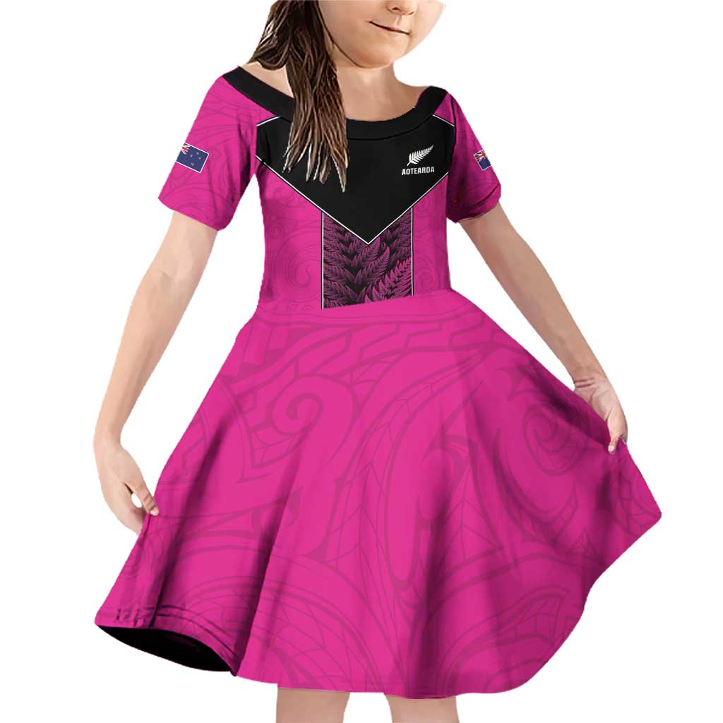 New Zealand Fern Rugby Custom Family Matching Off Shoulder Short Dress and Hawaiian Shirt Pink Maori Pattern