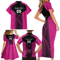 New Zealand Fern Rugby Custom Family Matching Short Sleeve Bodycon Dress and Hawaiian Shirt Pink Maori Pattern