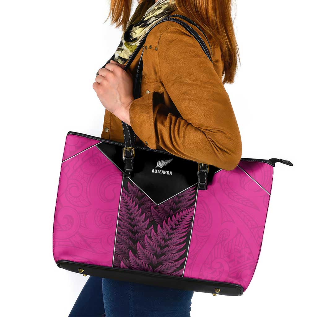 New Zealand Fern Rugby Leather Tote Bag Pink Maori Pattern