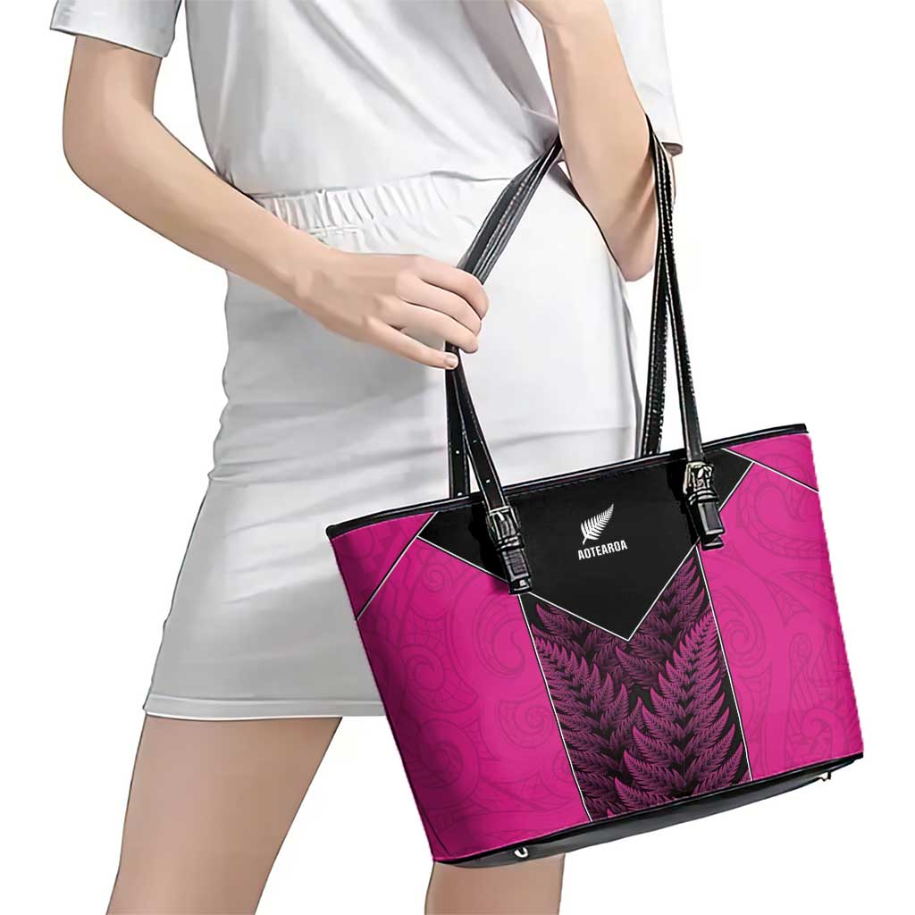 New Zealand Fern Rugby Leather Tote Bag Pink Maori Pattern