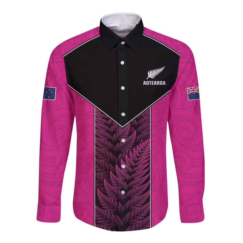 New Zealand Fern Rugby Custom Long Sleeve Button Shirt Pink Maori Pattern