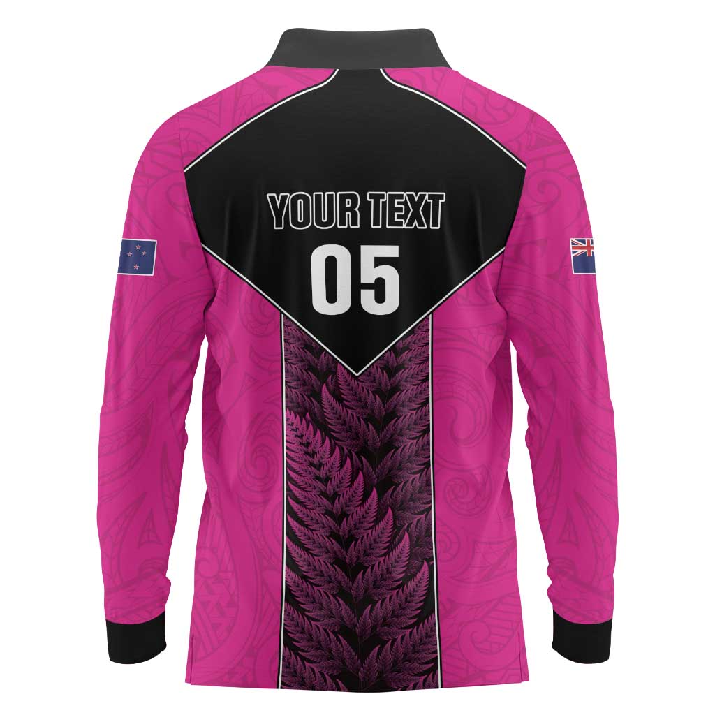 New Zealand Fern Rugby Custom Long Sleeve Polo Shirt Pink Maori Pattern