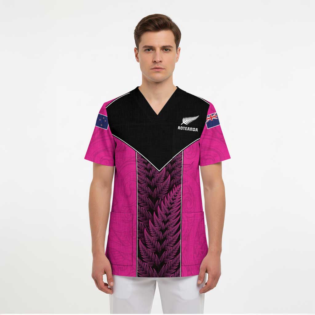 New Zealand Fern Rugby Custom Scrub Top Pink Maori Pattern - Polynesian Pride