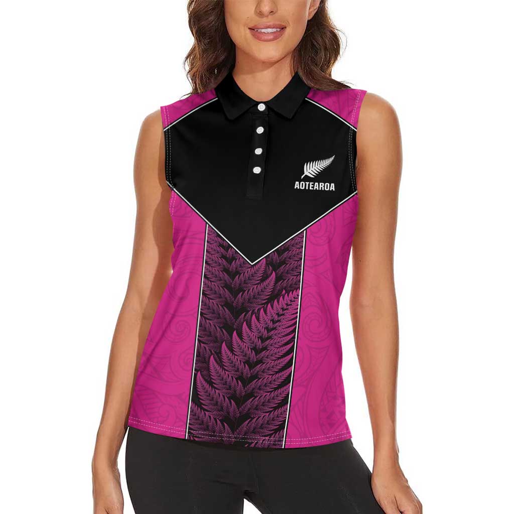 New Zealand Fern Rugby Custom Women Sleeveless Polo Shirt Pink Maori Pattern