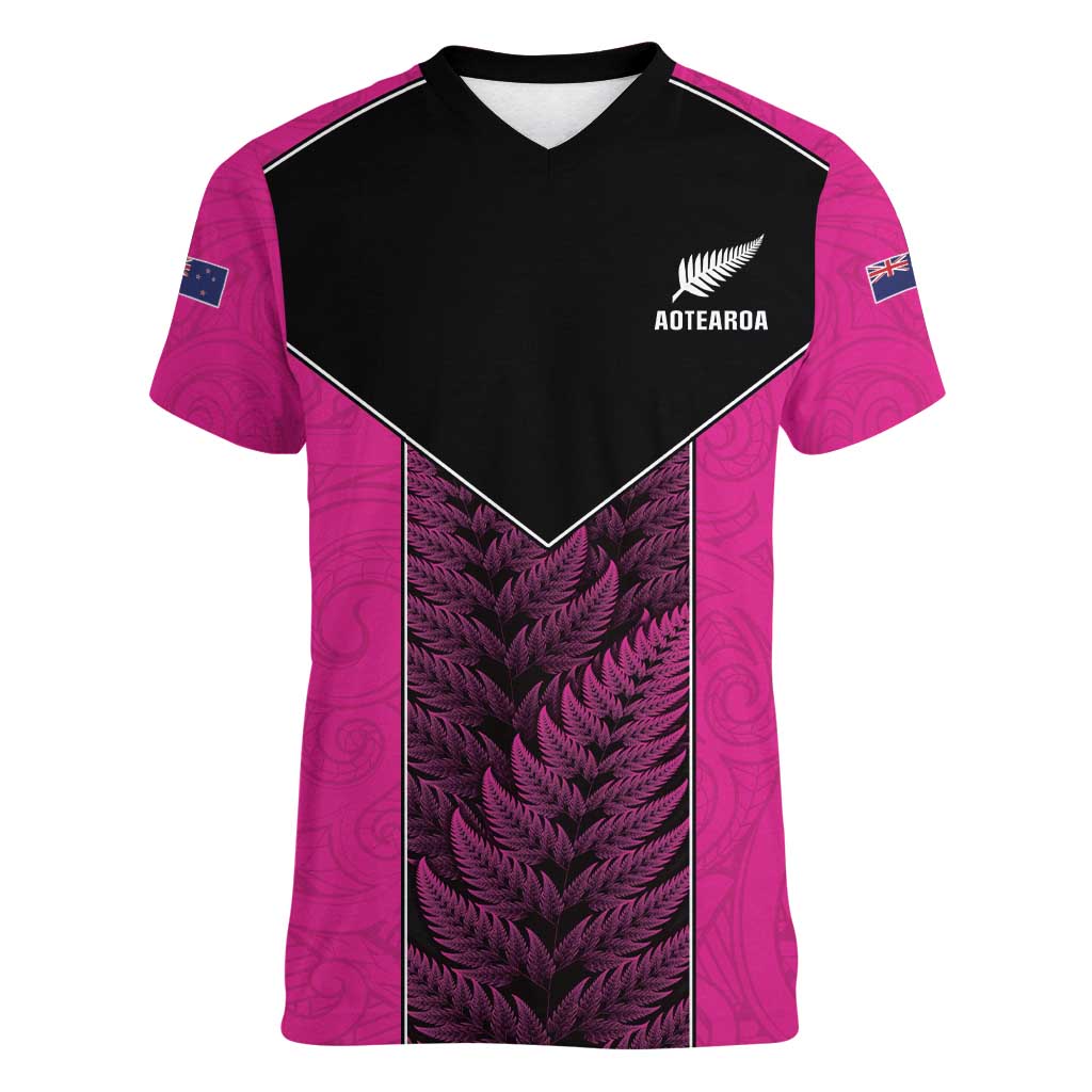 New Zealand Fern Rugby Custom Women V-Neck T-Shirt Pink Maori Pattern LT05 Female Pink - Polynesian Pride