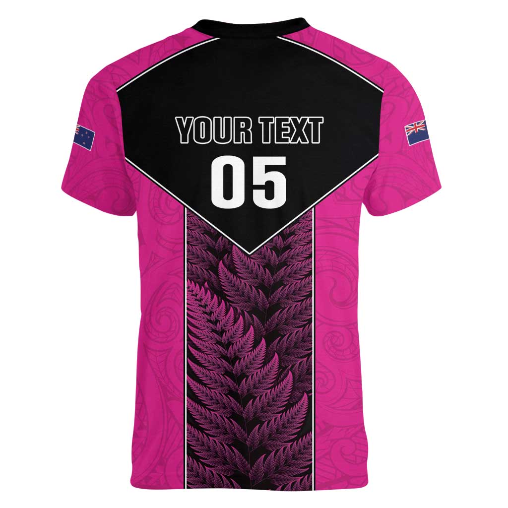 New Zealand Fern Rugby Custom Women V-Neck T-Shirt Pink Maori Pattern LT05 - Polynesian Pride