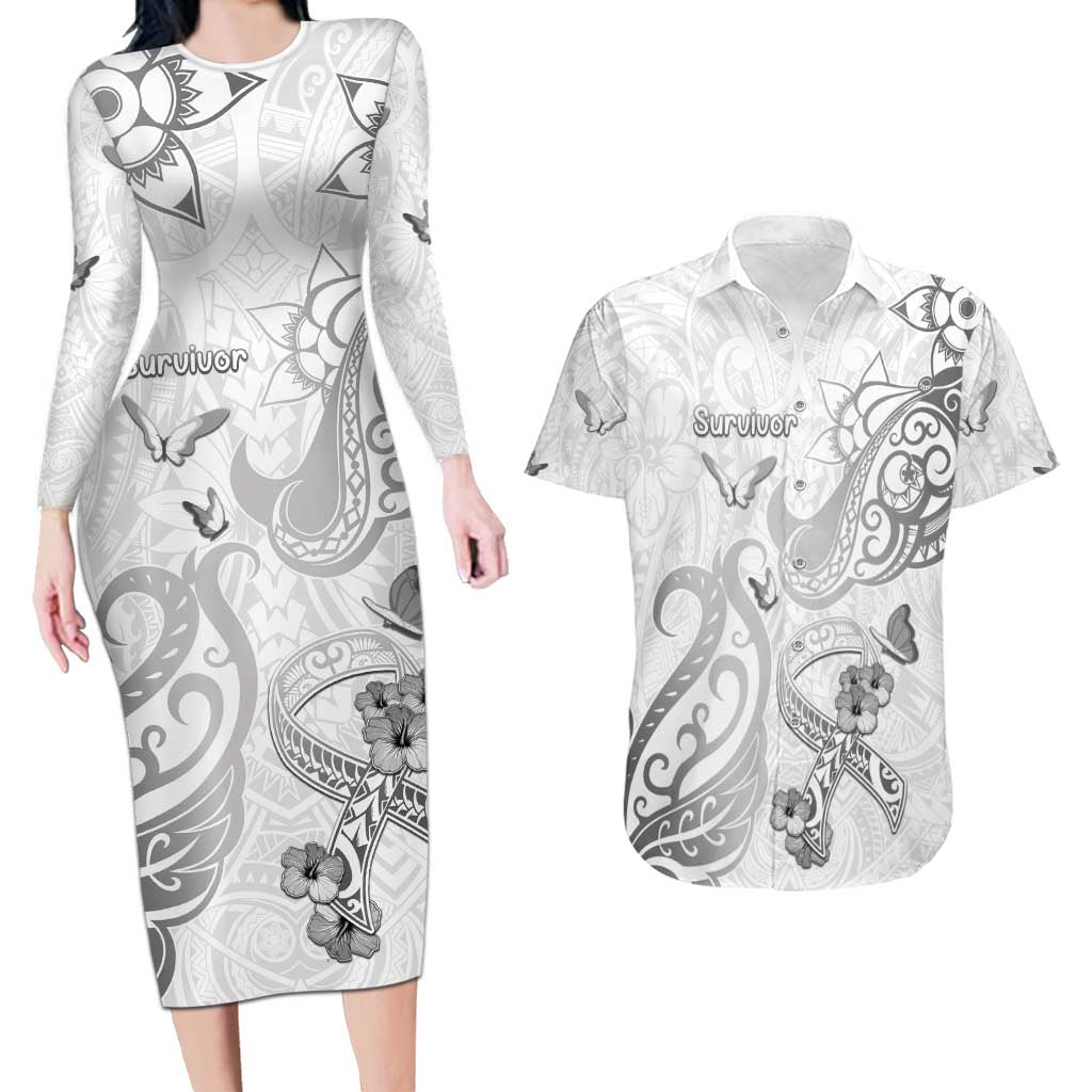 Personalised Brain Cancer Awareness Couples Matching Long Sleeve Bodycon Dress and Hawaiian Shirt Ribbon Polynesian Pattern