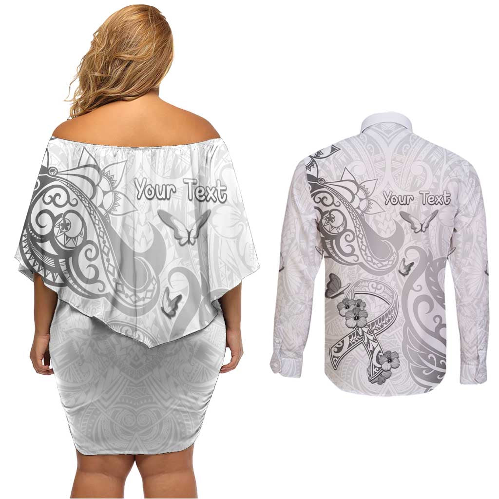 Personalised Brain Cancer Awareness Couples Matching Off Shoulder Short Dress and Long Sleeve Button Shirt Ribbon Polynesian Pattern