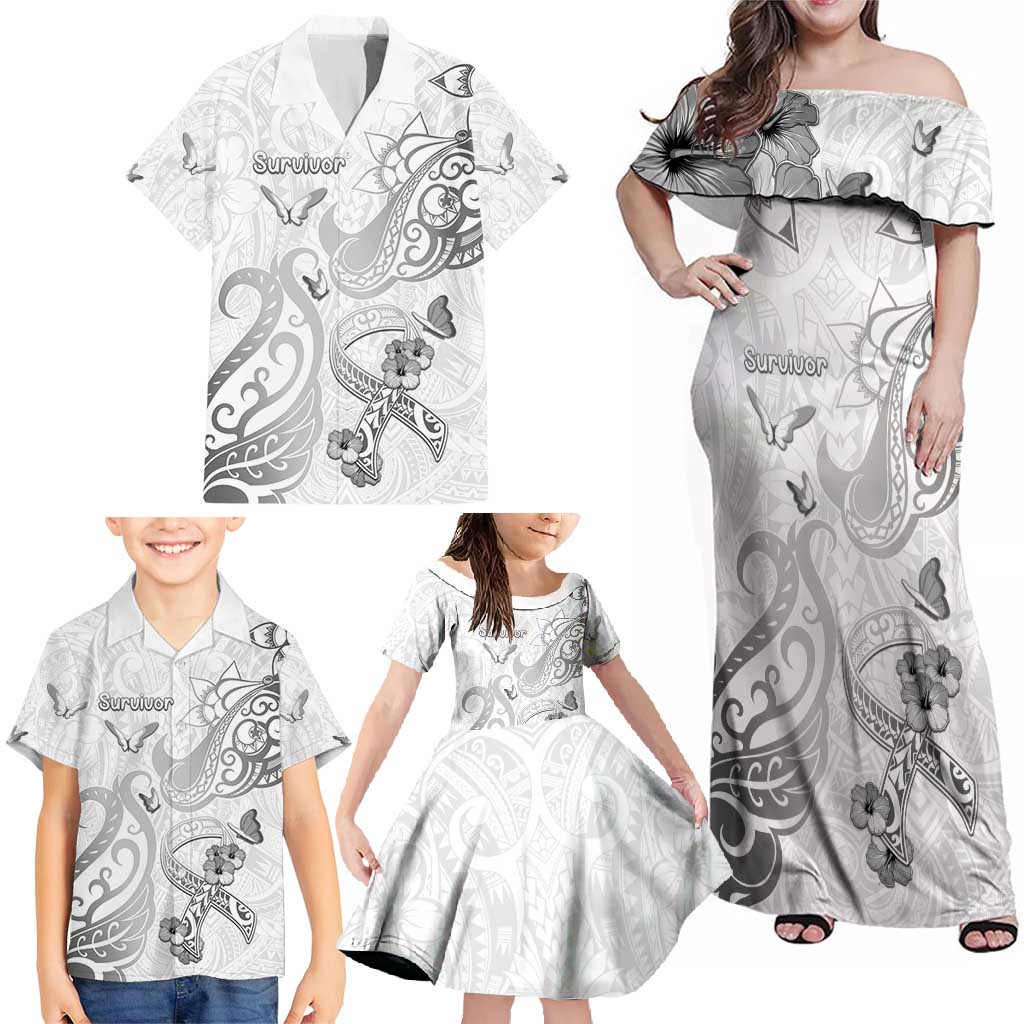 Personalised Brain Cancer Awareness Family Matching Off Shoulder Maxi Dress and Hawaiian Shirt Ribbon Polynesian Pattern