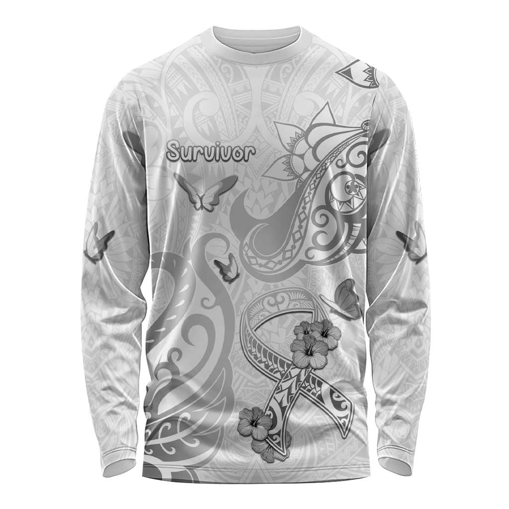 Personalised Brain Cancer Awareness Long Sleeve Shirt Ribbon Polynesian Pattern