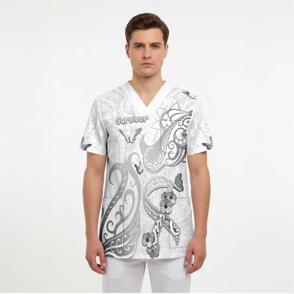 Personalised Brain Cancer Awareness Scrub Top Ribbon Polynesian Pattern - Polynesian Pride