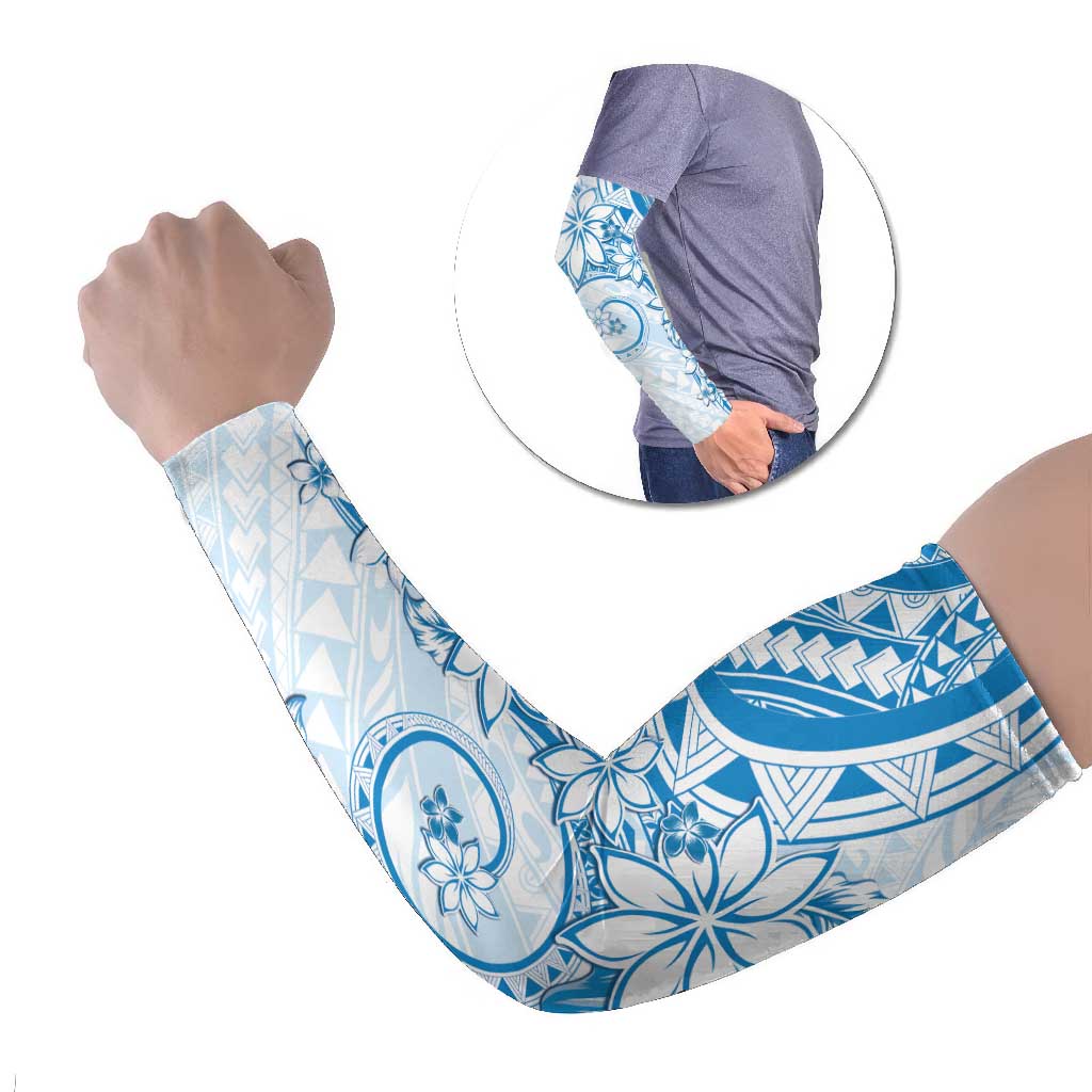 Polynesian Pattern With Plumeria Flowers Arm Sleeves Blue - Polynesian Pride