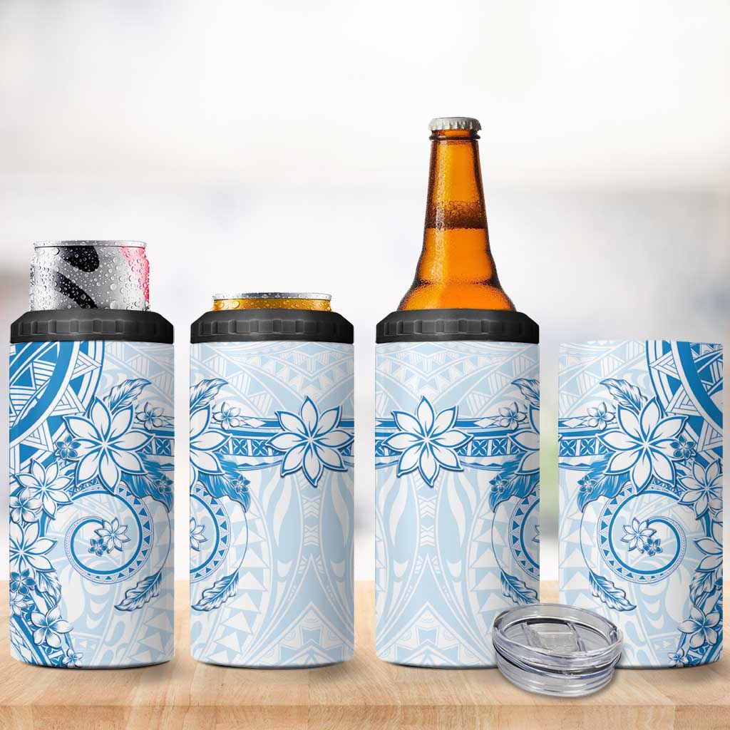 Blue Polynesian Pattern With Plumeria Flowers 4 in 1 Can Cooler Tumbler