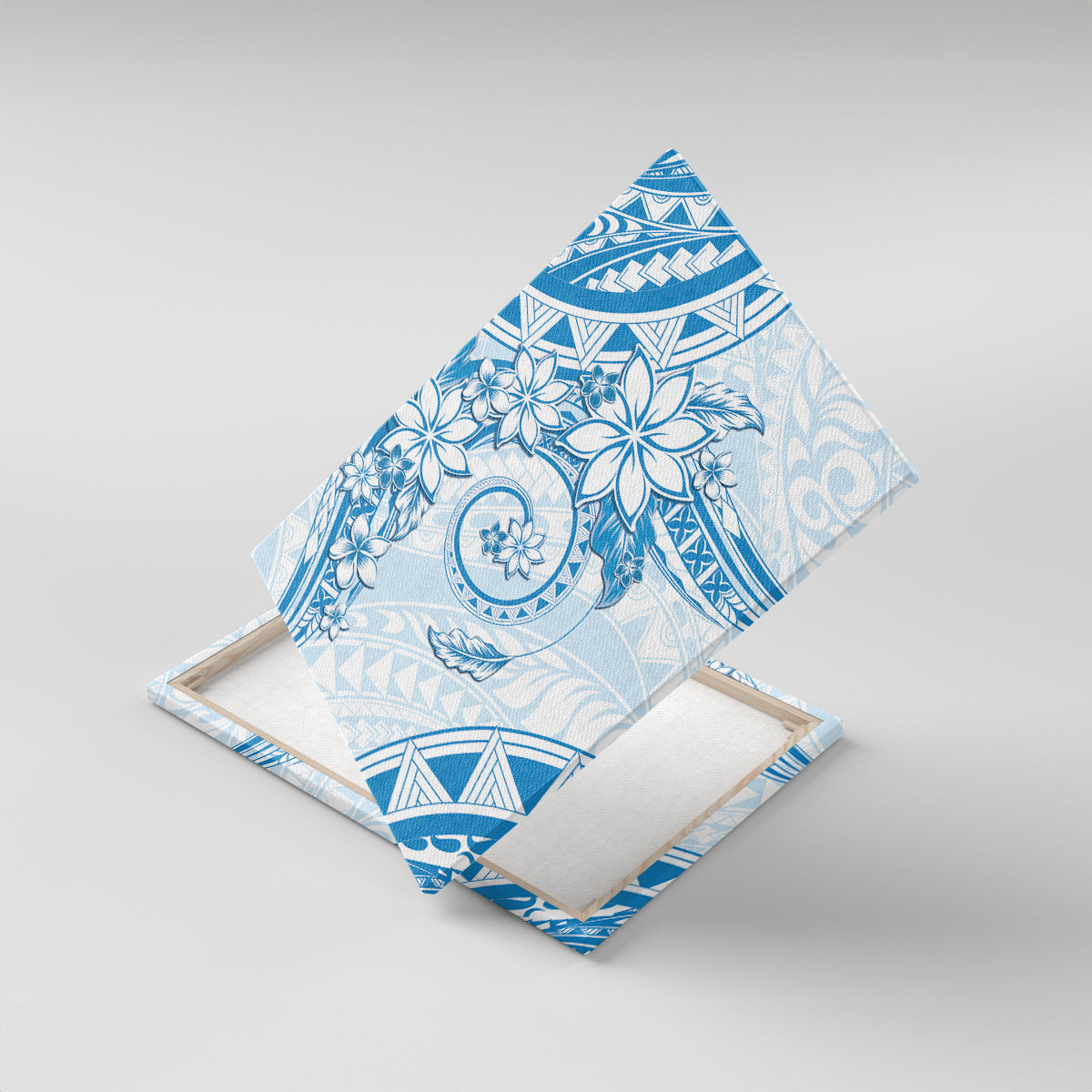 Polynesian Pattern With Plumeria Flowers Canvas Wall Art Blue