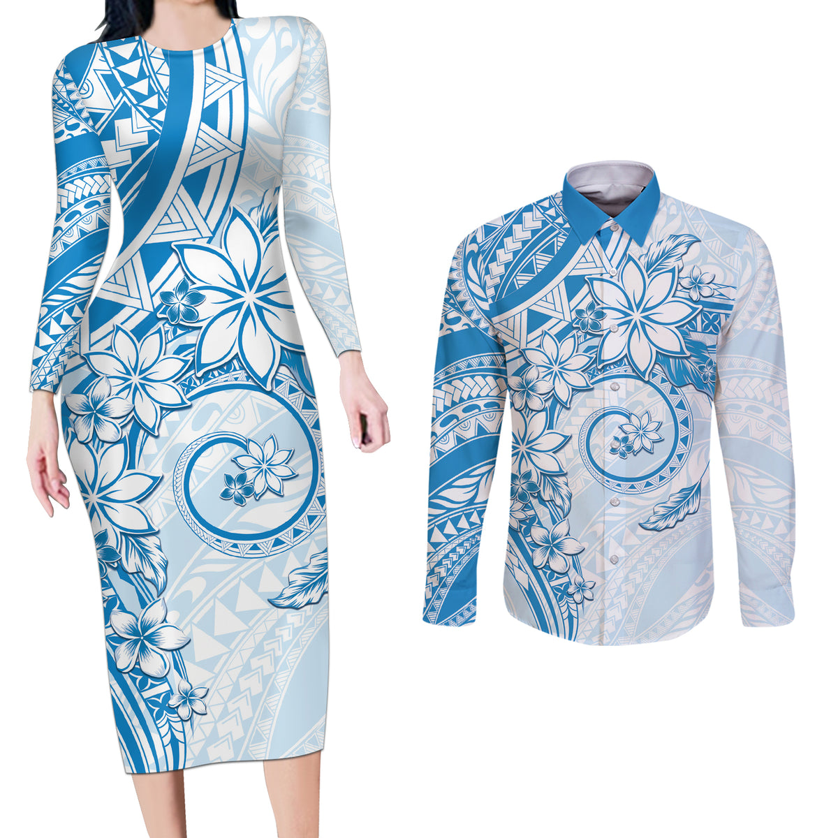 Polynesian Pattern With Plumeria Flowers Couples Matching Long Sleeve Bodycon Dress and Long Sleeve Button Shirt Blue
